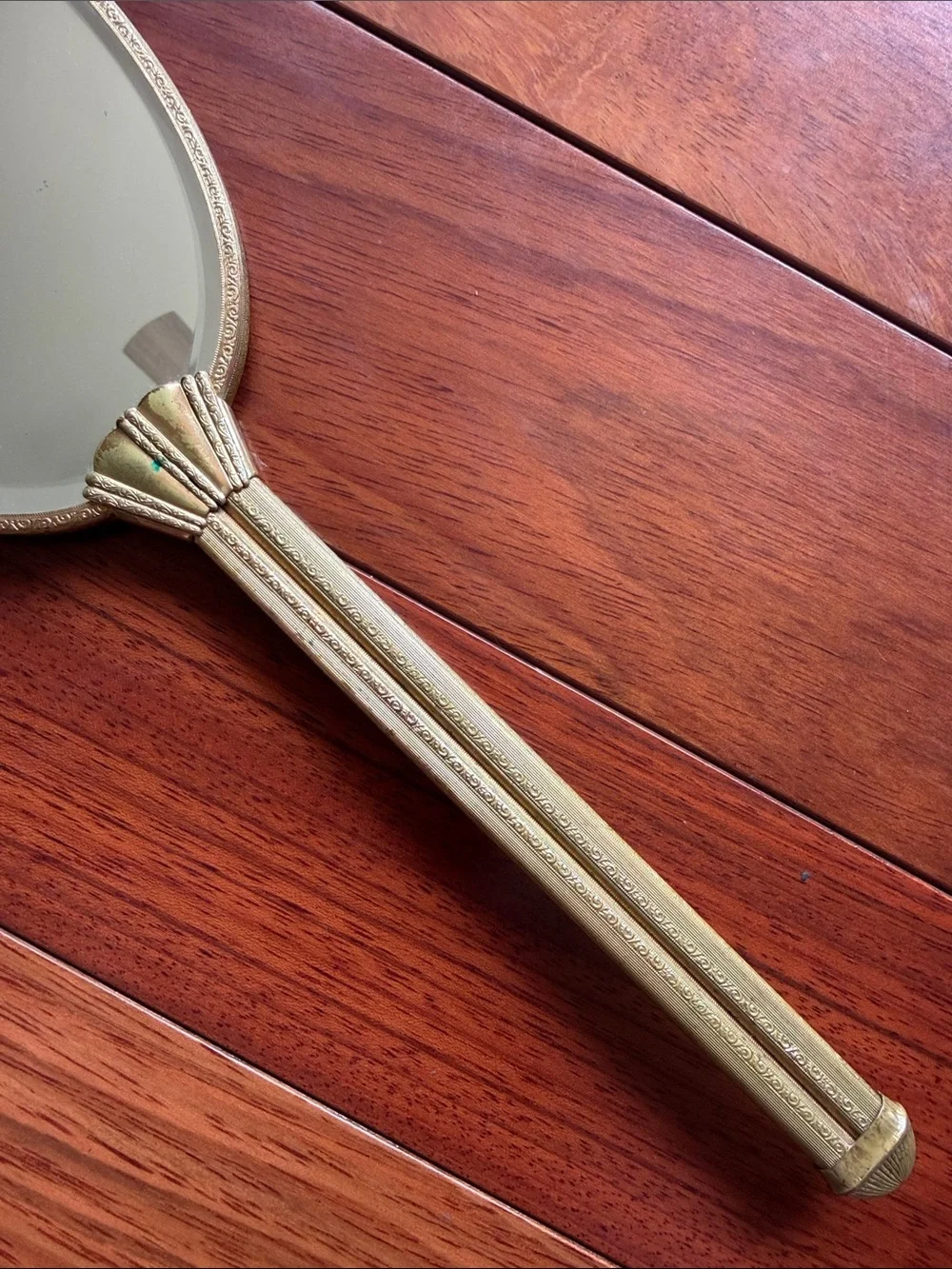 Vanity Hand Mirror Art Deco Gold Tone Floral Etched Hollywood Regency Vintage